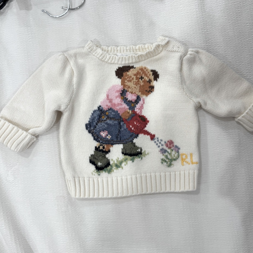 RARE Ralph Lauren CREAM w/ GARDENING POLO Bear Sweater Girls/Infants SZ 3M